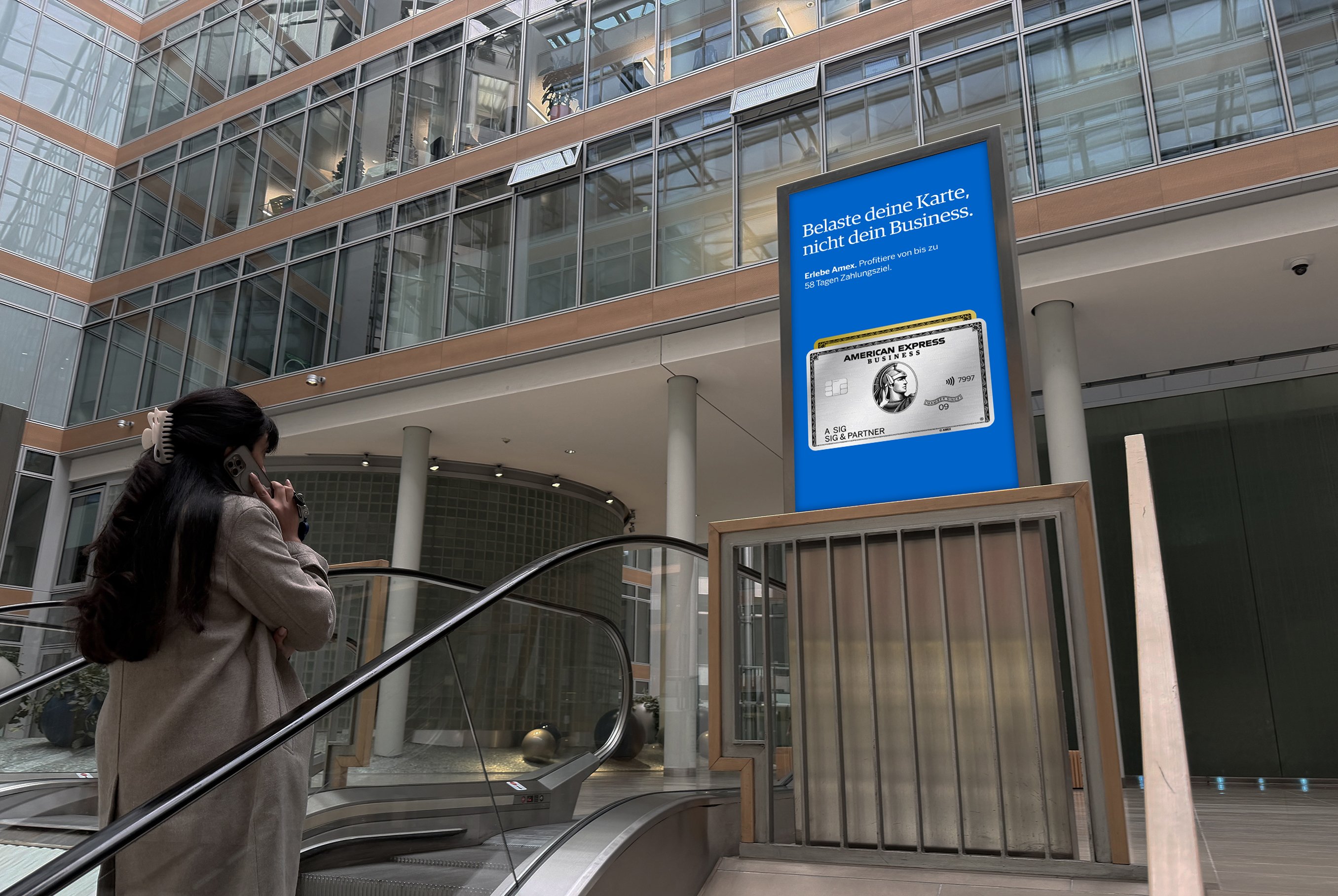 American Express Business campaign on ECN screen · Domaquarée Berlin · premium office DOOH